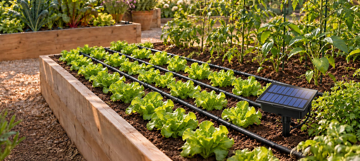 RainPoint solar drip irrigation system watering raised bed vegetable garden