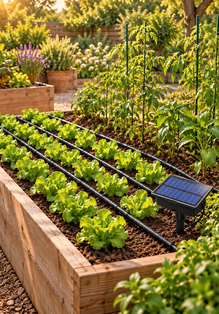 Solar drip irrigation system for raised garden beds and vegetables
