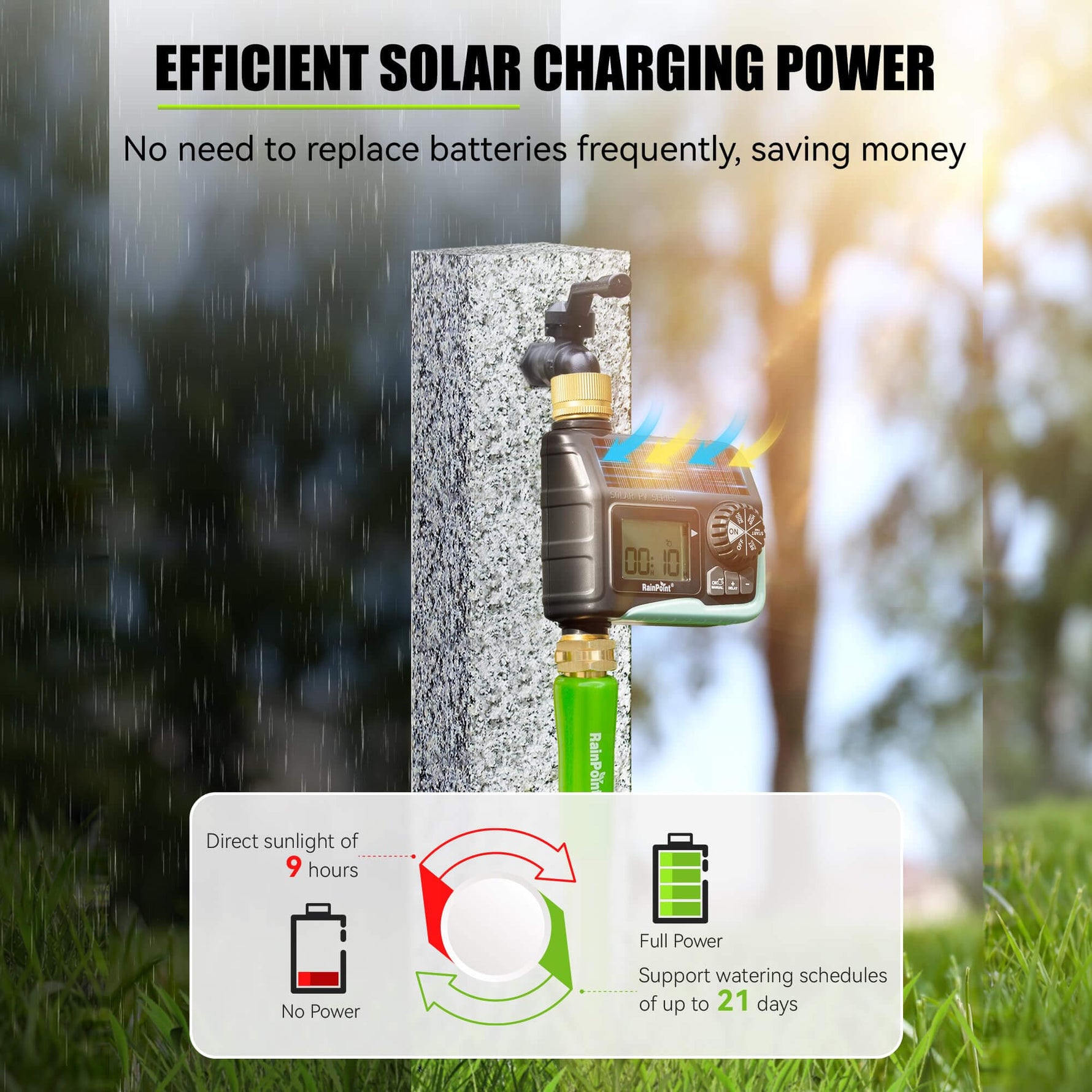 RainPoint solar powered water timer with efficient charging for garden irrigation