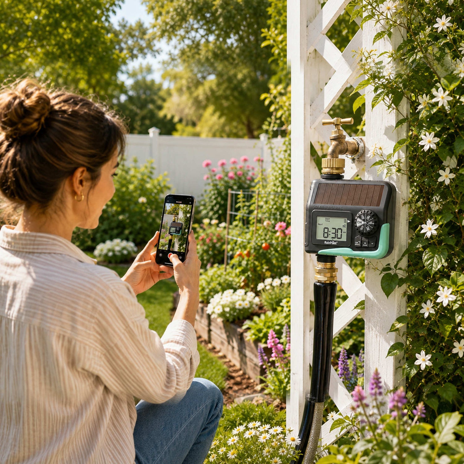 RainPoint solar sprinkler timer installed on an outdoor faucet for automatic garden watering