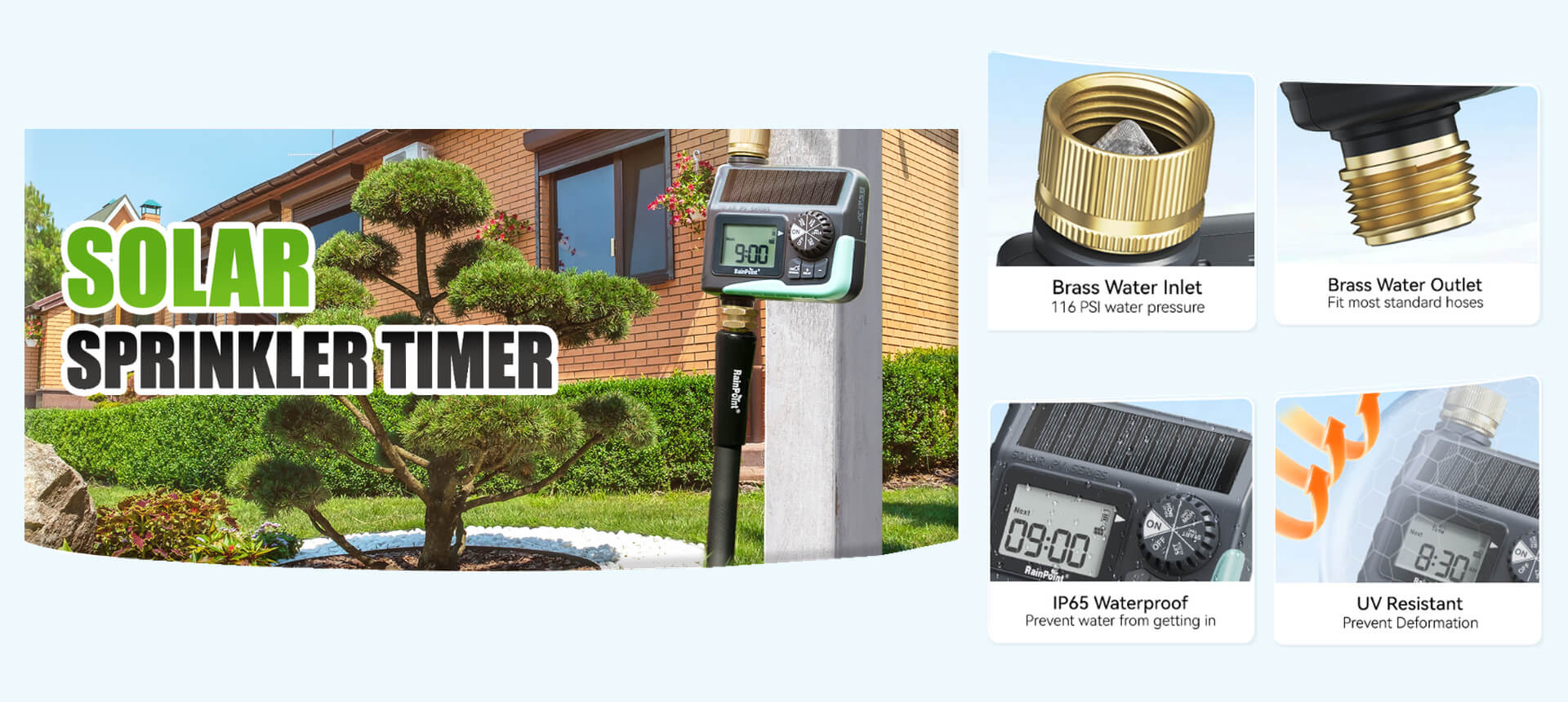 RainPoint solar powered sprinkler timer with brass inlet for garden hose watering