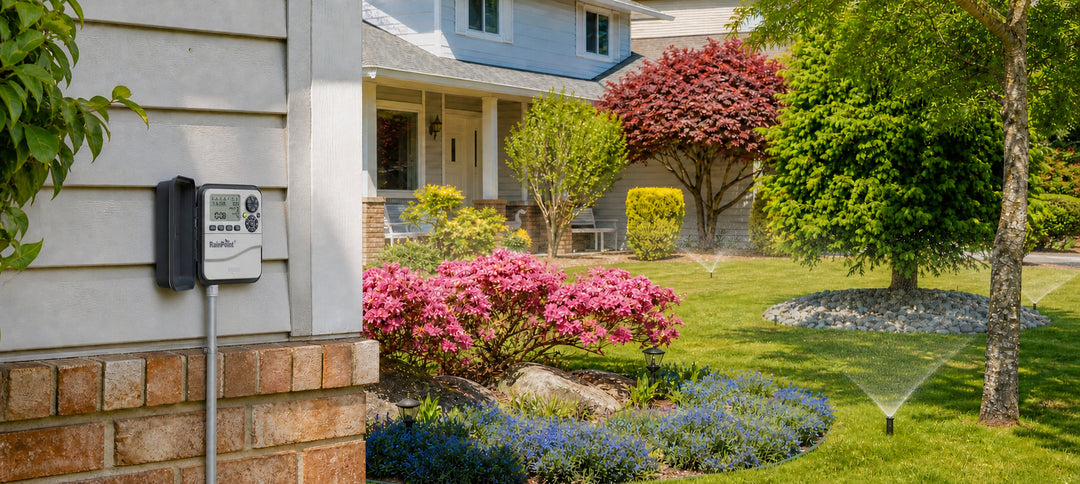 RainPoint sprinkler controller managing automatic lawn irrigation in a residential garden