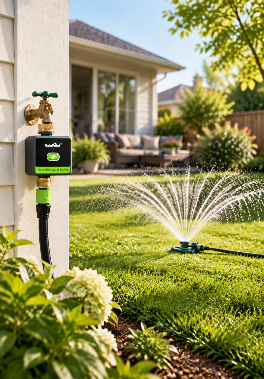 RainPoint sprinkler controller watering a residential lawn with automatic irrigation