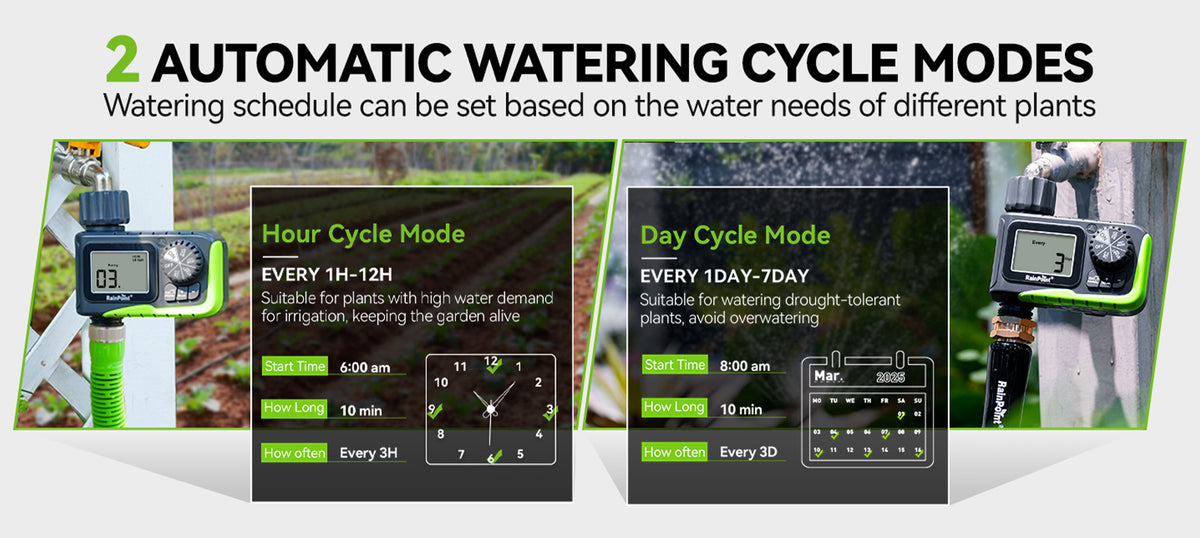 RainPoint single outlet hose timer controlling outdoor watering schedules for plants and lawns