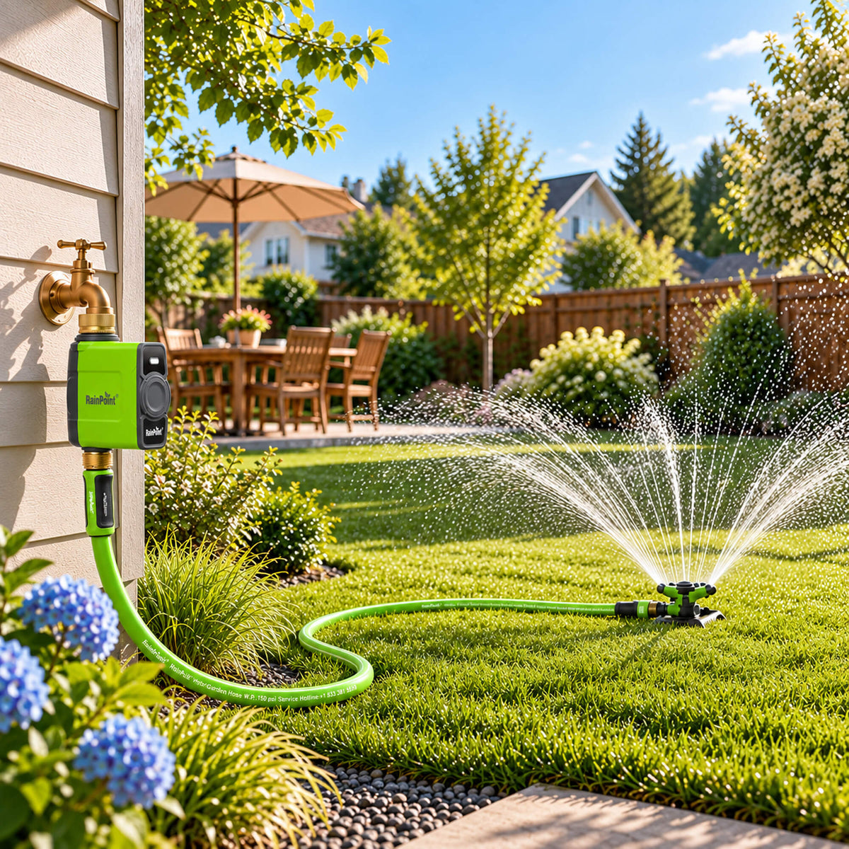 RainPoint sprinkler timer system watering a residential lawn and garden