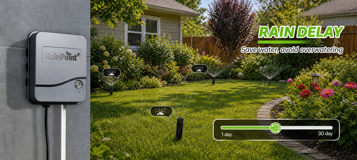 RainPoint sprinkler timer with rain delay and water saving features for outdoor irrigation
