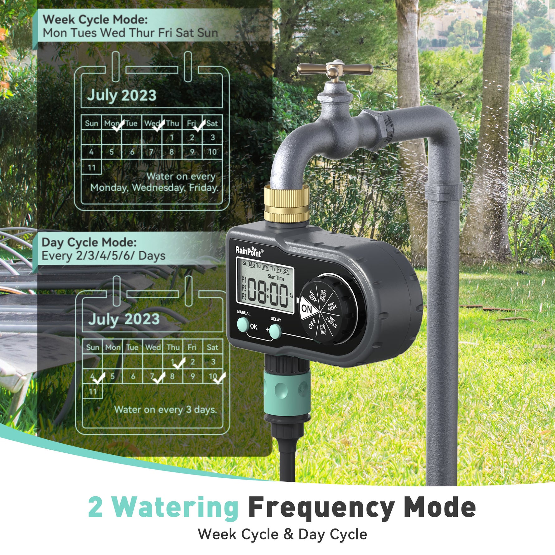 RainPoint sprinkler timer installed for automatic garden watering and lawn irrigation
