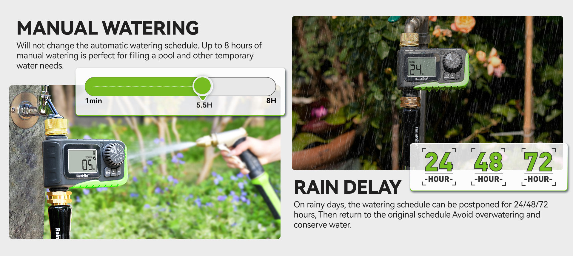 RainPoint automatic sprinkler timer with rain delay setting for lawn and garden irrigation