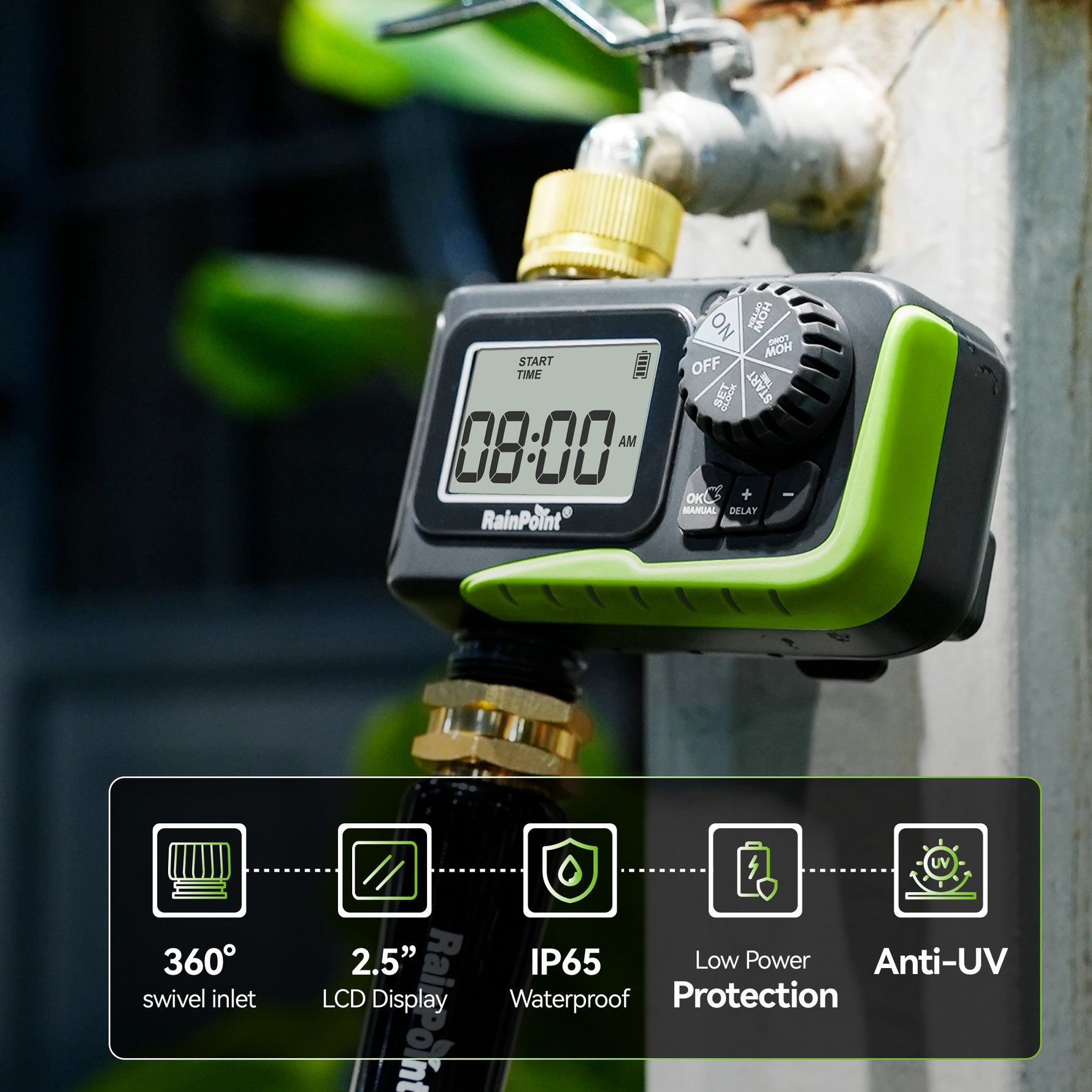 RainPoint sprinkler timer with rain delay feature to prevent watering during rainy days