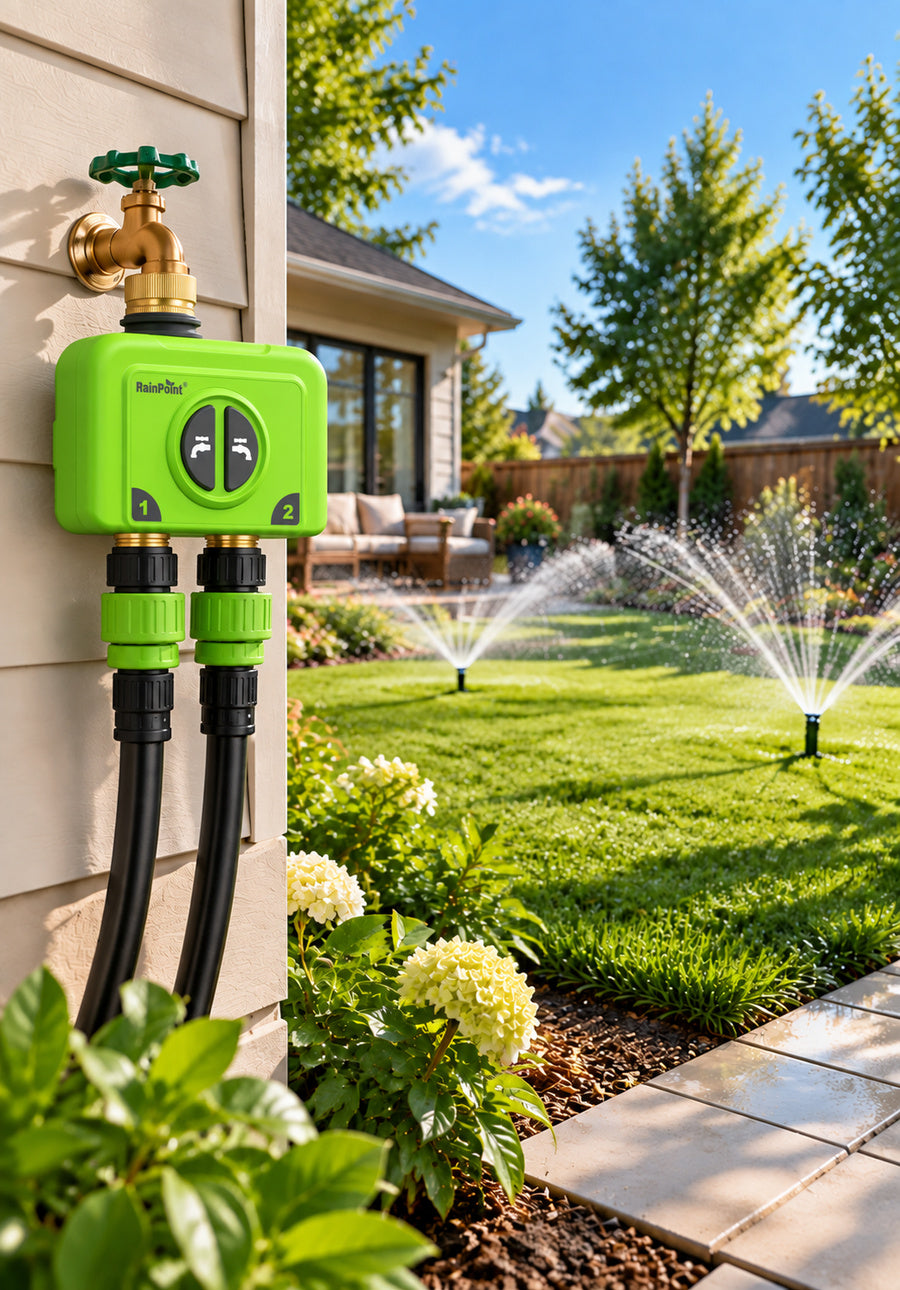 RainPoint two zone water timer controlling separate garden watering areas