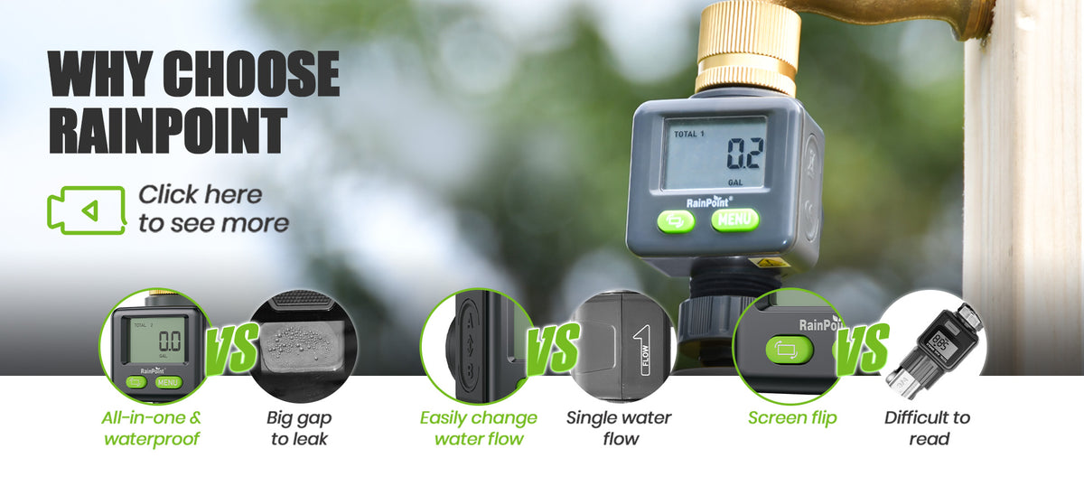 RainPoint garden hose flow meter measuring water usage for irrigation and RV applications