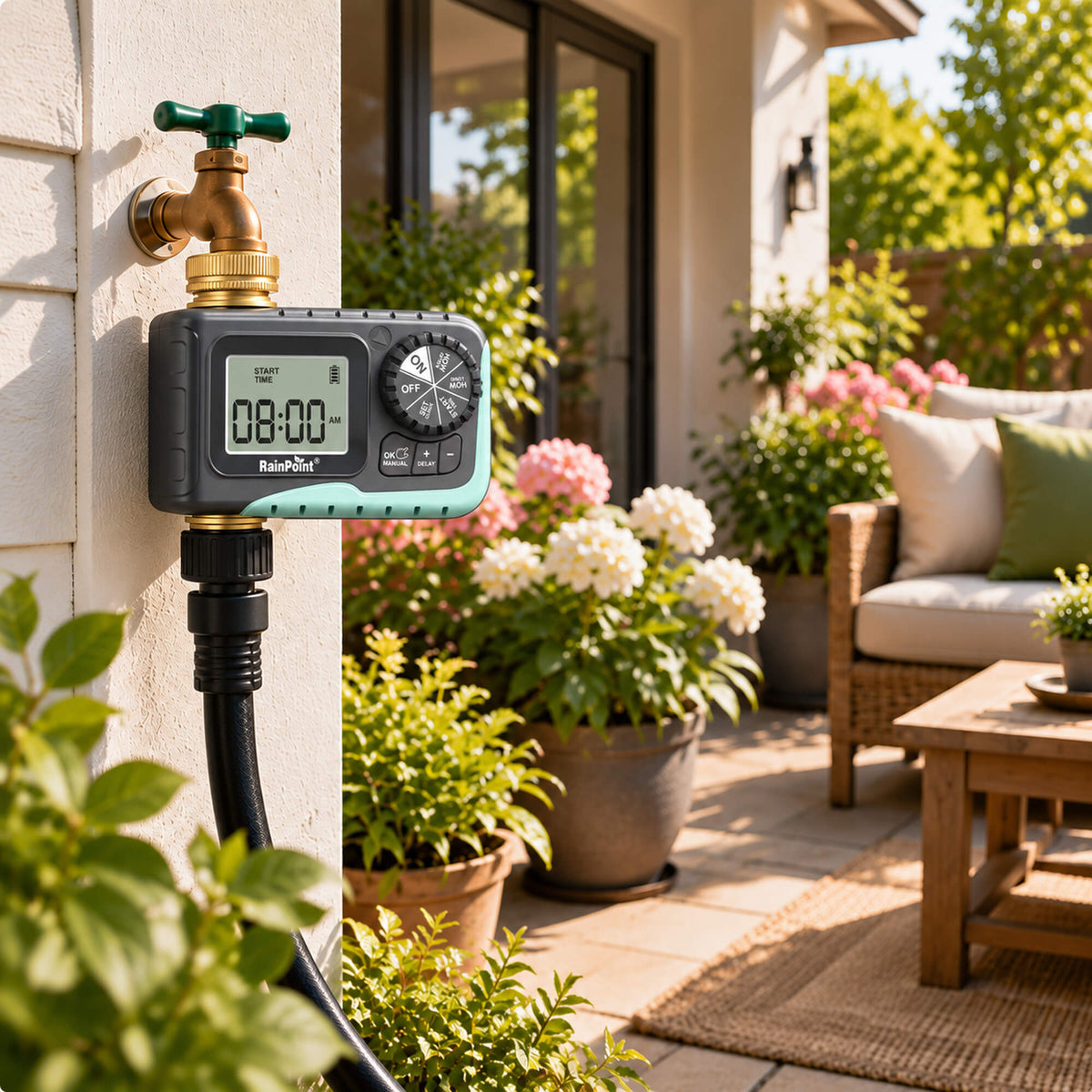 RainPoint water timer installed for patio and outdoor garden watering