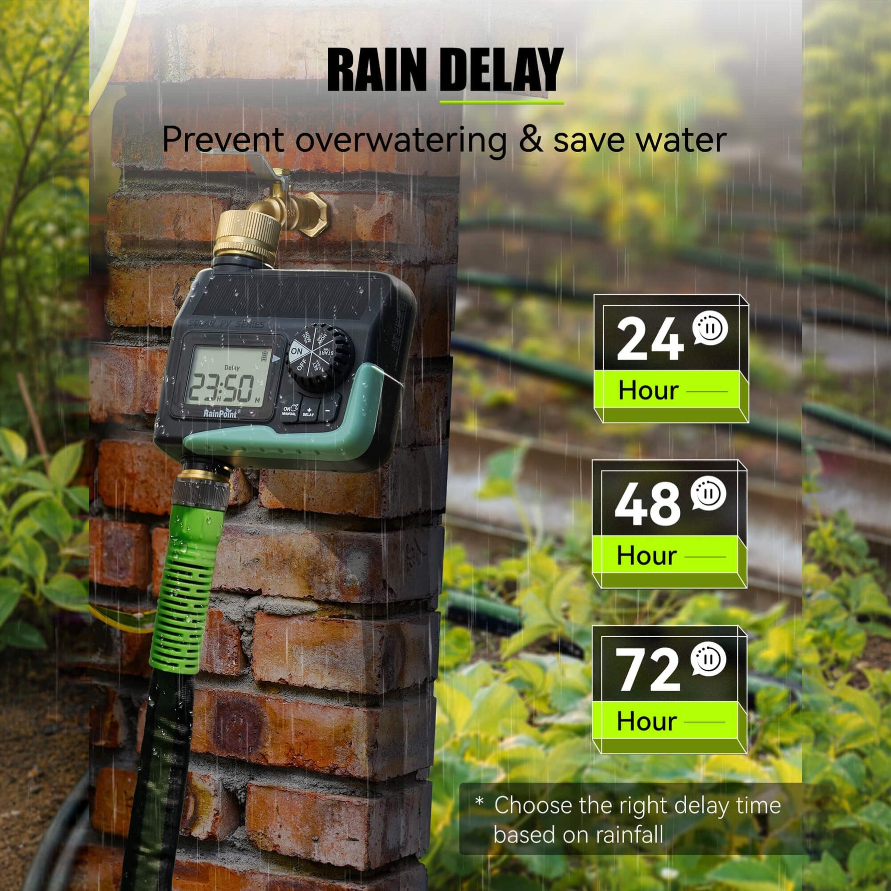 RainPoint water timer with rain delay for water-saving garden irrigation