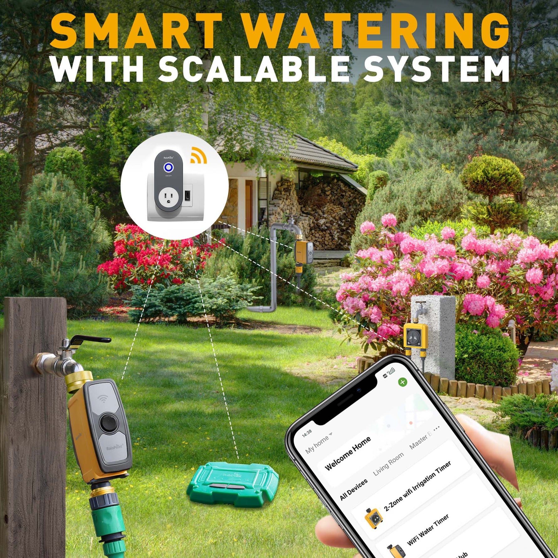 RainPoint smart irrigation hub managing multiple watering zones for healthy plants and lawns