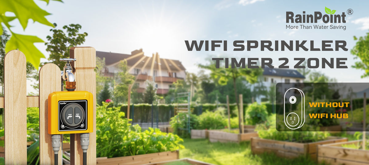 RainPoint smart hose timer connected to outdoor faucet for automatic lawn irrigation