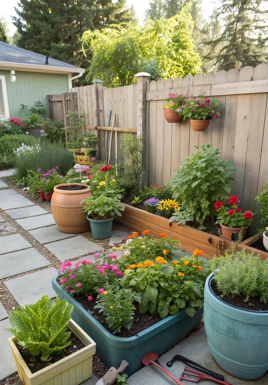 Small home garden with efficient plant watering solution