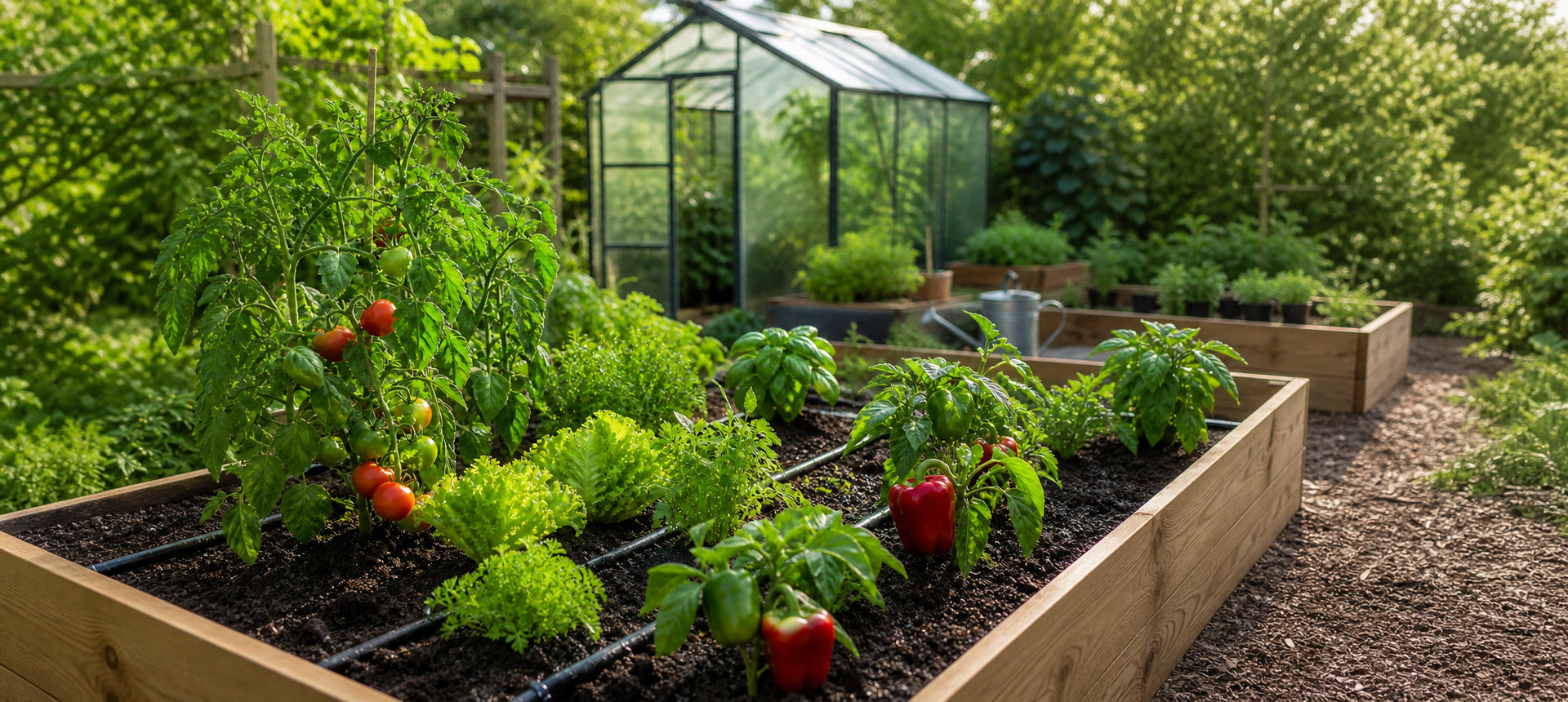Vegetable garden landscape with efficient irrigation and plant watering system