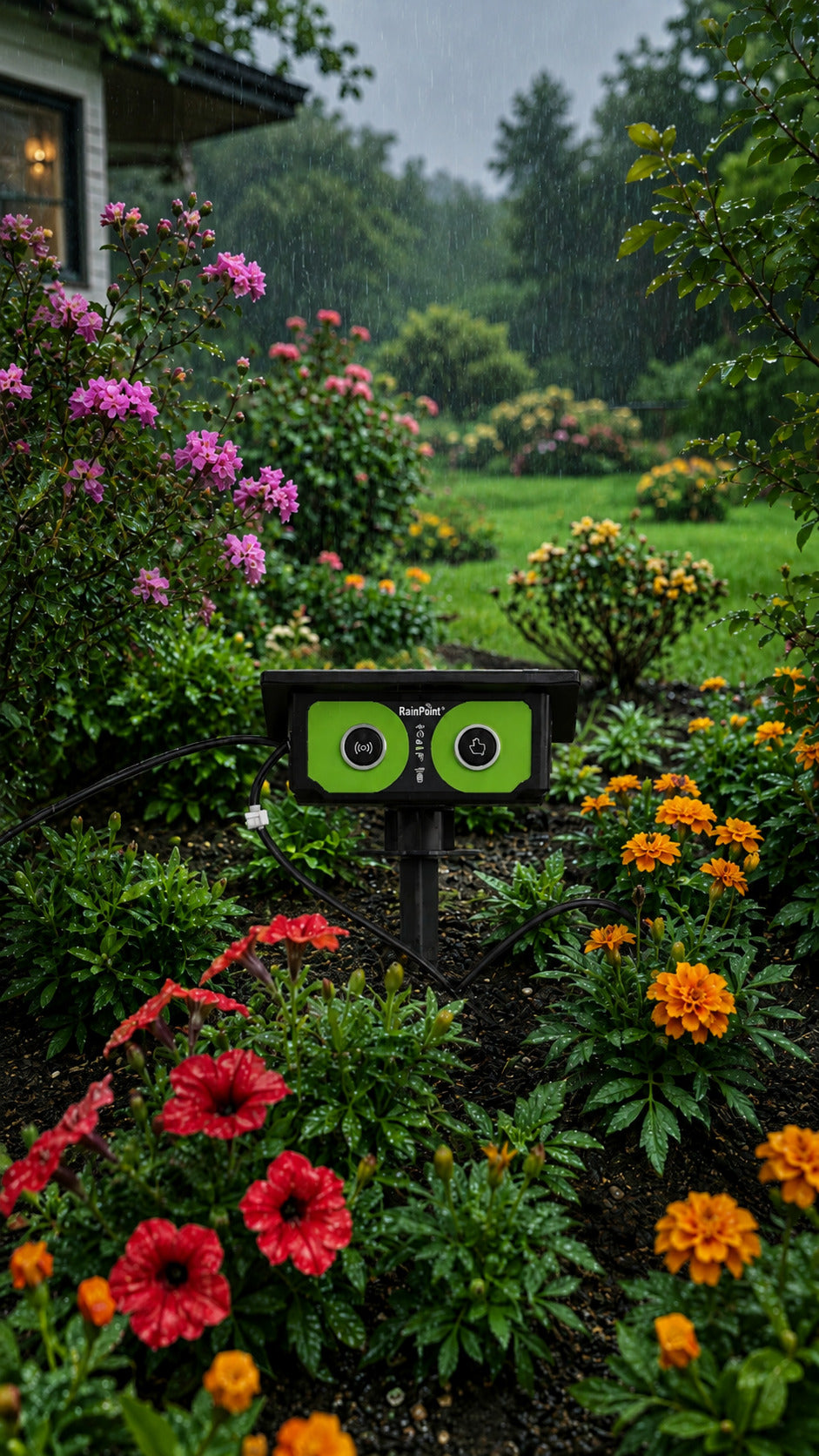 RainPoint smart drip irrigation kit installed for vegetable garden and outdoor plant watering